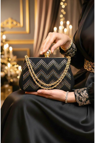 Telli Art Üç Renkli Tel Kırma Abiye Çanta - Siyah Zemin, Gümüş, Bakır, Sarı D...