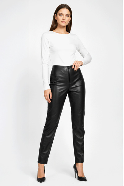 Deriderim High Waist Lined Black Women's Leather Pants - Zippered and Pocketless