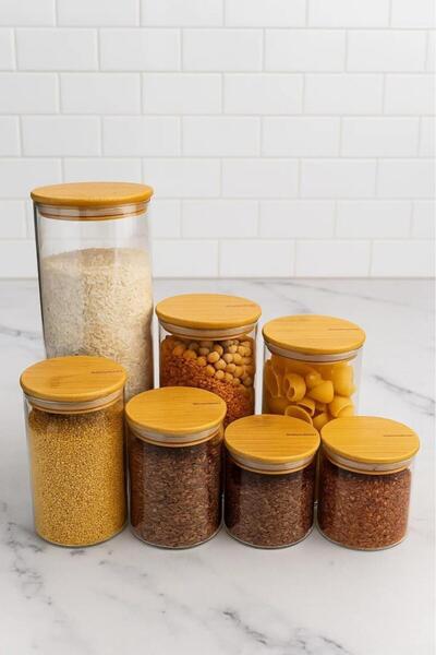 Bambum Sona - 7 Parça Bambu Kapaklı Cam Saklama Kabı