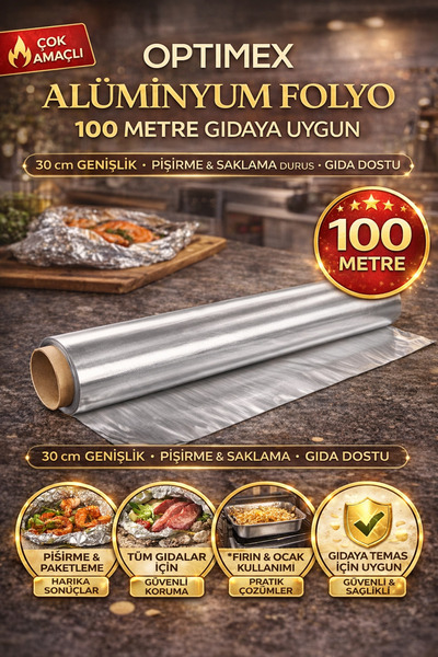 OPTİMEX Alüminyum Folyo 100 Metre Gıdaya Uygun – 30 cm Genişlik | Mutfak Foly...