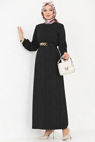 Sfg Life Moda Women's Gold Chain Belt Detailed Crew Neck Twisted Dress