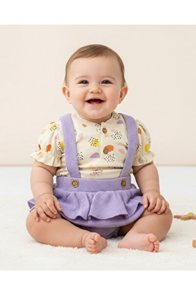 Ege Bebek طقم رومبير للفتيات الصغيرات بأكمام قصيرة مكشكش وتي شيرت مطبوع