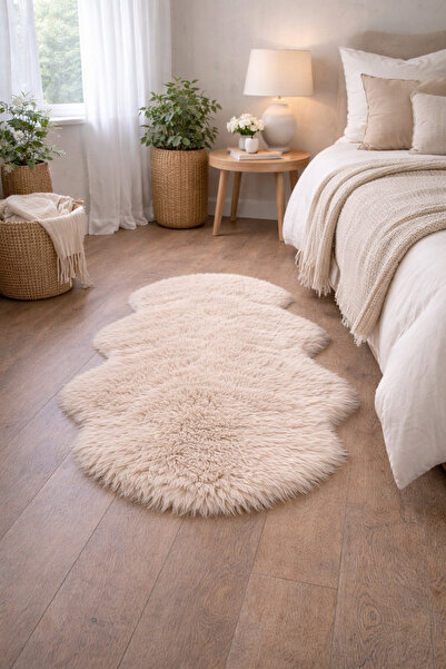 EYPRICH Kuzu Post Peluş Premium Yumuşak Tüylü Elips Halı - Krem