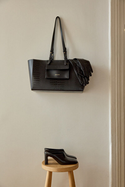 LUTVELIZADE Çanta 2601 - Croc Kumaş Shopper Siyah Croc Kadın Çanta