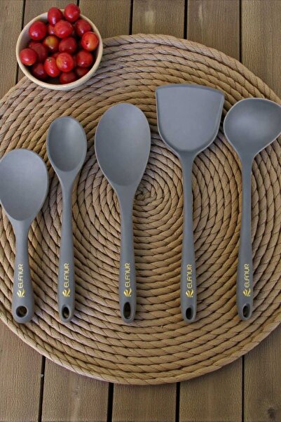 elfnur 5 Parça Isıya Dayanıklı Silikon Kepçe Spatula Kaşık Seti (30-28-22-20 Cm