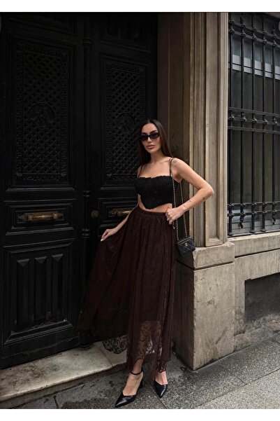 Mouillé Yüksek Bel Flok Baskılı Tül Etek Astarlı Kadın Etek