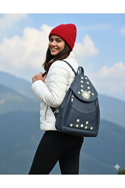 Durush Collection Genuine Leather, Design Hand-Embroidered Navy Blue Backpack