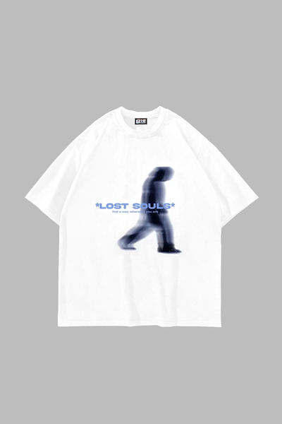 Sekizbiraltı تي شيرت أبيض كبير الحجم مطبوع عليه Lost Souls للجنسين