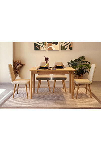 Rabi MİORA MİNİ AÇILIR MUTFAK MASA TAKIMI, KARİNA MEŞE KREM ( 1 Masa + 4 Sand...