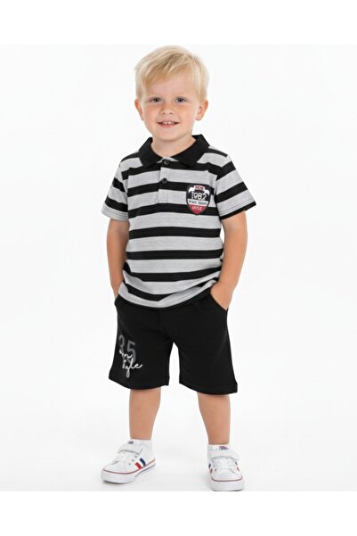 voyyo kids baby طقم تي شيرت وسروال قصير أنيق بياقة بولو مخططة للأولاد