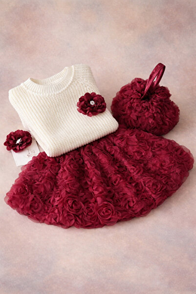 TREND NATURAL Kız Çocuk Triko Kazak ve Gül Detaylı Etek Toka ve Çanta 2-8 yaş...