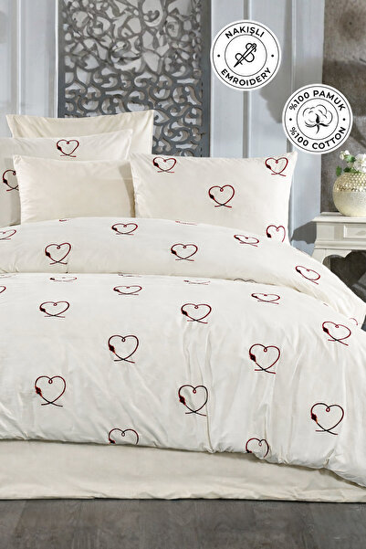 Evlen Home Collection Set de lenjerie de pat de lux, brodat cu inimioare, 100...