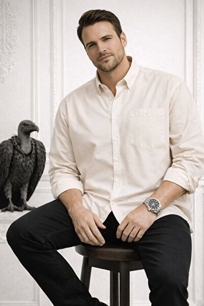 Varetta Men's Beige Plus Size Long Sleeve Plain Men's Shirt with Pockets