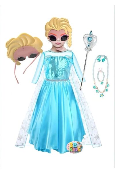 3b kids GÖZLÜK MASKELİ ELSA ELBİSE KOSTÜM SETİ (KARLAR ÜLKESİ KOSTÜM SETİ )