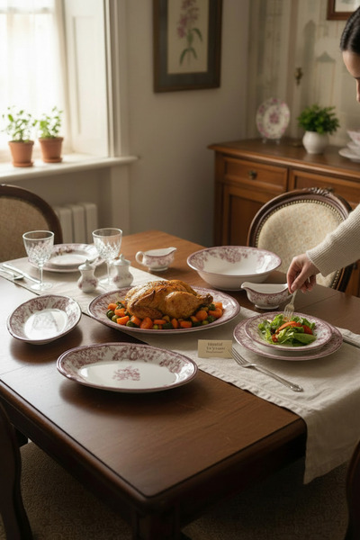 Akayev Porcelain Vintage Maroon 5 Piece Salad Boat Serving Set