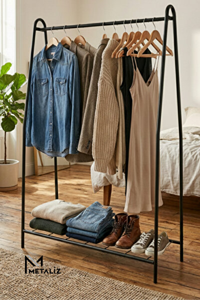 Metaliz Modern Tasarım Metal Askılık – Elbise ve Ayakkabı Düzenleyici-Siyah D...