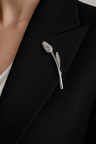 Modex Gümüş Rengi Lale Figürlü Broş (7cm)