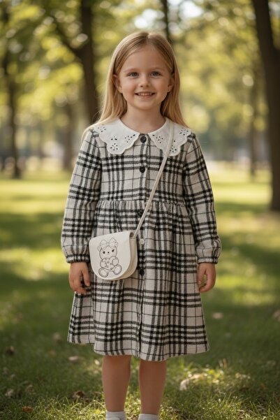 Ercahome tekstil فستان بناتي أخضر منقوش بياقة مطرزة