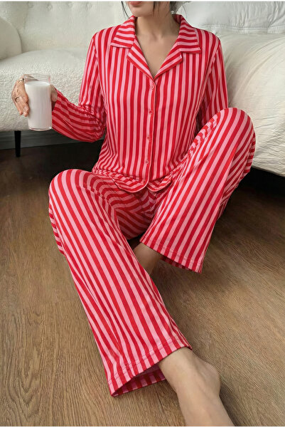 MİSSLALE Önden Düğmeli Çizgili Desenli Kadın Pijama Takımı