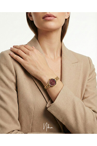 Nikra Saat Bordo Kadran Gold Zincir Kordon Kadın Kol Saati Şık ve Zarif Tasarım