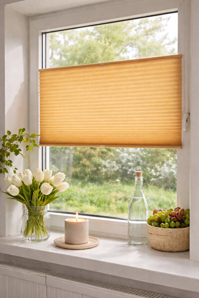 YİTEKS Katlanabilir Cam Balkon Plise Perde KARAMEL (İsteğe Bağlı Vidalı veya ...