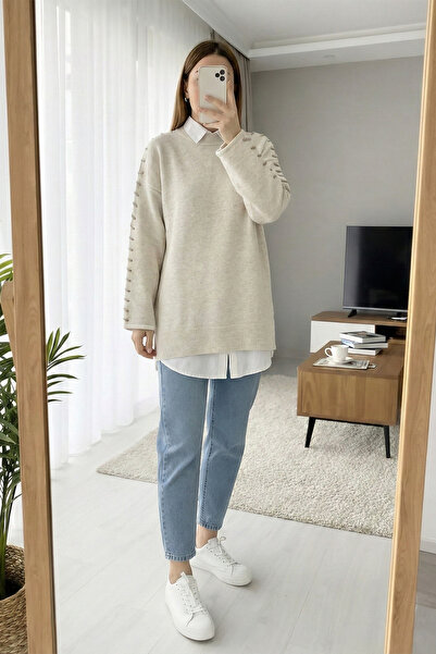 MODAQU Soft Knitwear Tunic with Rope Detail on the Sleeves - Cream