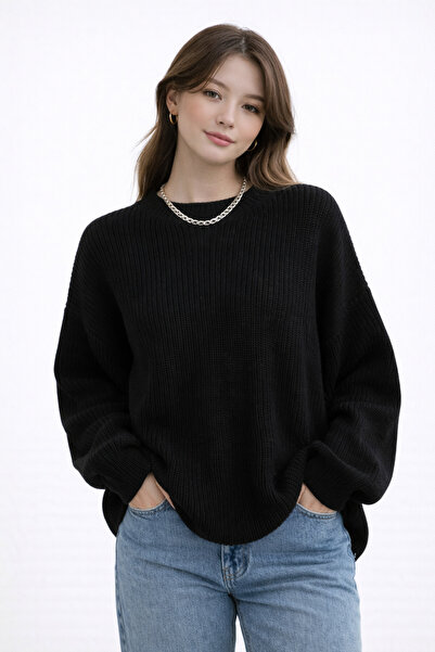 Kırlangıç Moda  Siyah Oversize Bisiklet Yaka Kadın Triko Kazak