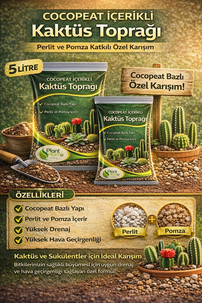 Plant Home Power Mix Kaktüs Toprağı 5 Litre – Cocopeat İçerikli, Perlit ve Po...