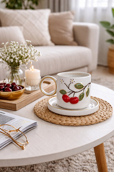 KOTYORA فنجان قهوة مزدوج من السيراميك مصنوع يدويًا كهدية مع الكرز