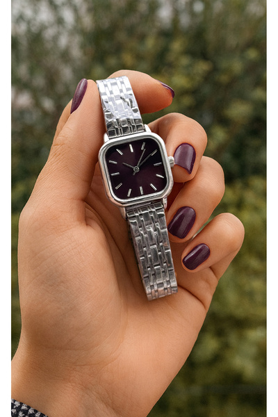 Tulpar Özel Tasarım Vintage Gümüş Renk Trend Bordo Kadran Kare Kadın Kol Saati