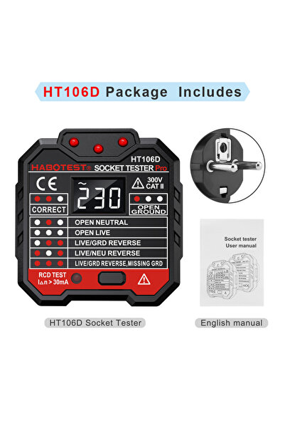 Choice جهاز اختبار المقابس HT106D-EU مع قابس أوروبي، جهاز اختبار الجهد الرقمي...