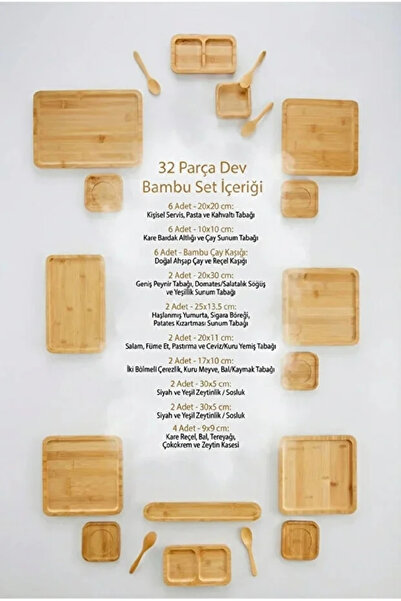 Rosemor 32 Parça Bambu Kahvaltı Seti 6 Kişilik Bambu Kahvaltı Takımı Sunum Servis Set Bambu Seti