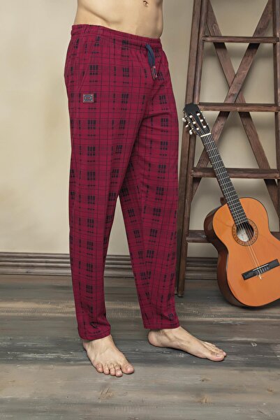 KLY Men's Burgundy Single Bottom Lycra Plaid Very Comfortable Pajama Bottoms