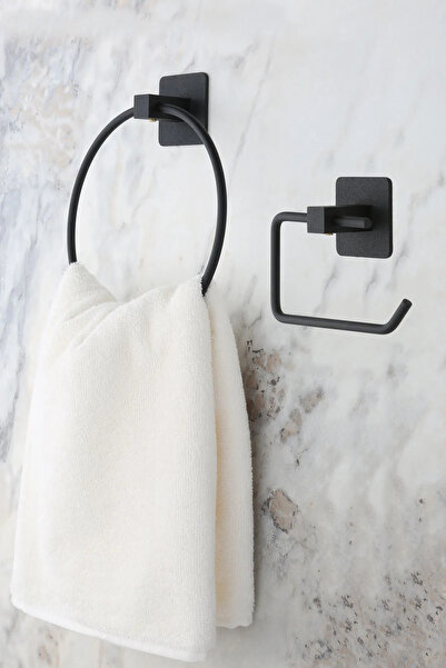 MultiStore حلقة لاصقة مربعة سوداء وحامل ورق تواليت - طقم منظم حمام مكون من قط...