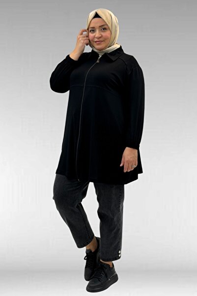 Eslina 63002 Large Size Zippered Combed Cotton Jacket - Black