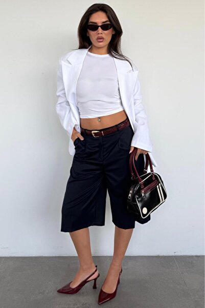 Madmext Navy Blue 100% Cotton Pocket Fabric Bermuda Shorts Mg2640