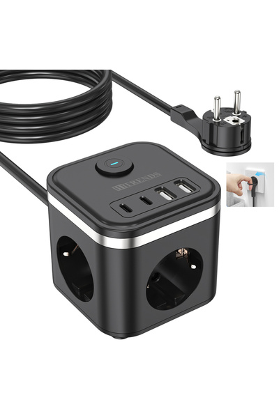 Choice EU 3 black 2m cable 3680W EU Flat Plug Power Strip Cube with 3 AC Outl...