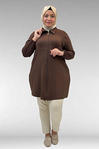 Eslina 63002 Large Size Zippered Combed Cotton Jacket - Brown