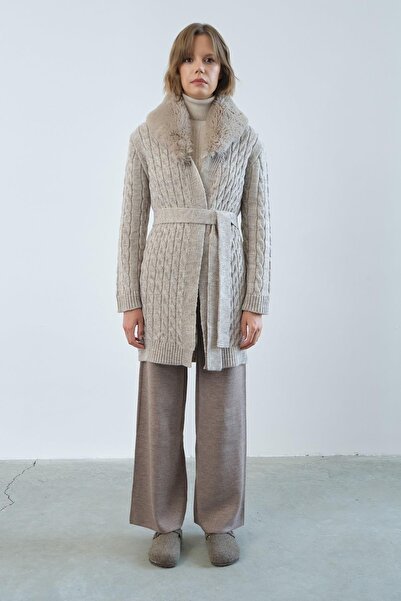 PARKhande Saç Örgülü Kürklü Uzun Hırka-Taş