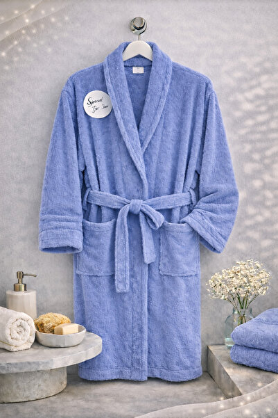 Beğenal رداء حمام بياقة شال قطن 100% باللون الأزرق