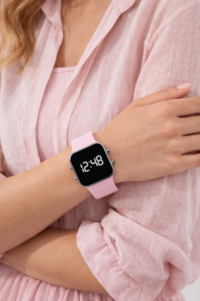 sonsuzsaat Pembe Silikon Kordonlu Büyük Gümüş Renk Kasa Geniş Kordon Unisex K...