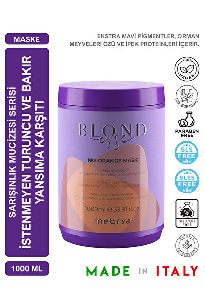 Inebrya Blondesse No‑Orange Koyu Sarı ve Açık Kahve Saçlar İçin Mavi Maske 10...