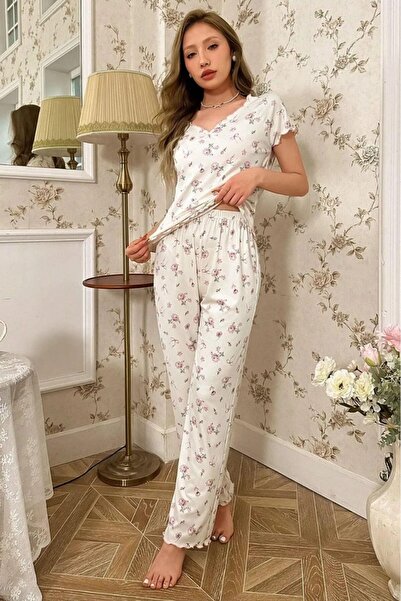 w white stars sports & wear Bella Notte Ecru Floral Patterned Collared Pajama...