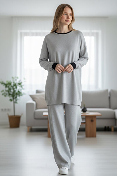 MODA S&S BZLİNE Kolu Piliseli simli triko pantolon tunik takım