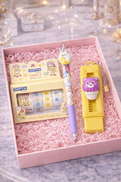 matheon GIPTA Kids Sweet Set – Desenli Bant + Tavşan Kalem + Ayıcık Silgi sar...