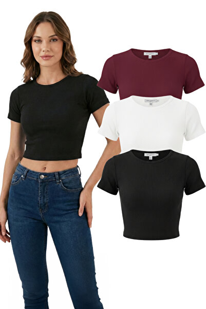 SWALORA بلوزة تي شيرت قصيرة الأكمام من الليكرا برقبة دائرية، مصنوعة من القطن ...