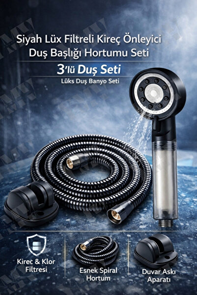 YMV Siyah Lüx Filtreli Duş Banyo Başlığı Seti | Kireç & Klor Önleyici, Hortum...
