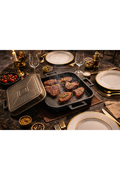 HOME SET 20–22 cm Kare Sahan | Gold Kaplama Dış, Siyah Yapışmaz İç Yüzey