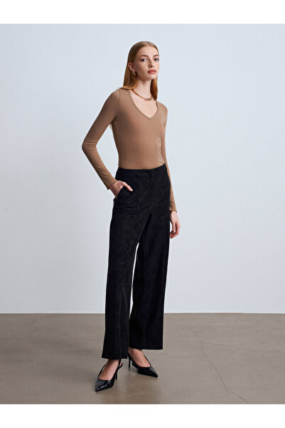 Dilvin 72257 Suede Trousers with Stitching Detail - Black