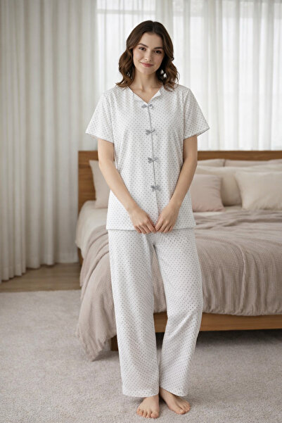 Silona Homewear Set de pijamale cu mâneci scurte, cu fundă cu buline gri